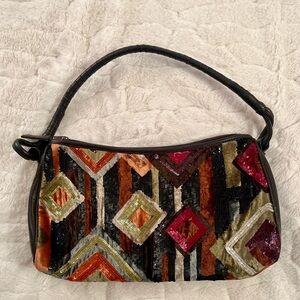 Vintage Santi shoulder bag sequined geometric pattern & braided leather handle.
